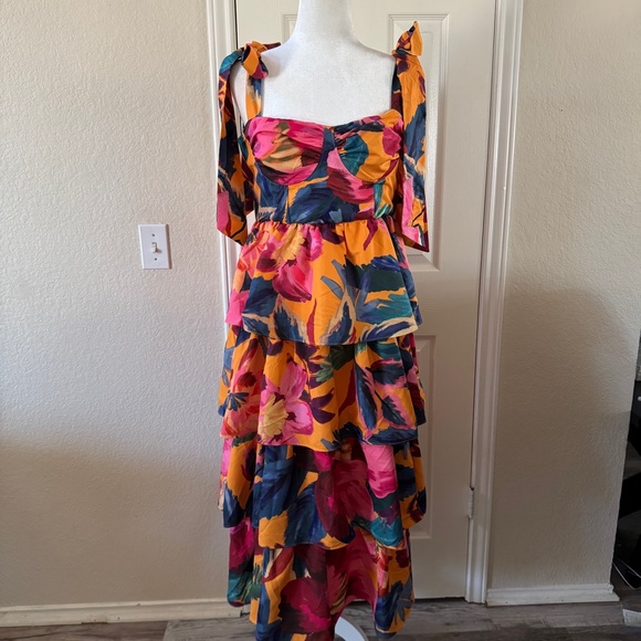 FARM Rio Dresses & Skirts - Farm Rio Tropical Floral Printed Colorful Layered Maxi Dress Size L Tie Straps